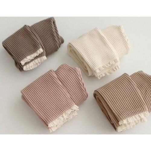 Spring Autumn Infant Baby Girls Pants Korean Style Lace Stitching Elastic Leggings Knitted Rib Leggings Childrens Clothing