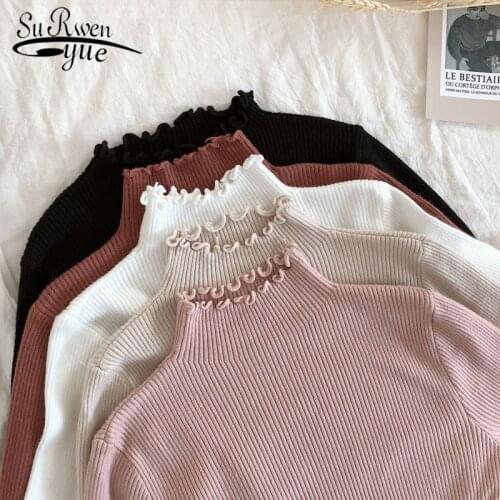 High Elastic Solid Sexy Knitted Pullovers 2021 Fall Winter Fashion Slim Sweater Women Turtleneck Ruched Women Sweater 6785 50