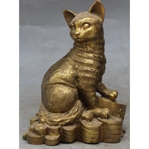 Xd 002816 8" Chinese Bronze Wealth Yuanbao Money Carving Animal Cat Mao Moggy Pussy Statue