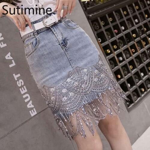 With Belt Summer Women High Waist Denim Skirt Sequins Tassel Embroidery Fashion Jeans Skirts Elasticity Sexy Glitter Mini Skirt