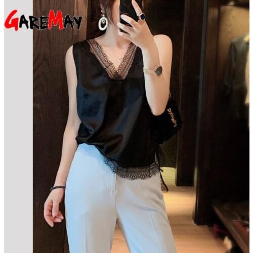 GareMay Women Summer Blouses Sleeveless Lace Basic Ladies Black Beautiful Blouse Elegant Satin Silk Blouses for Women Plus Size