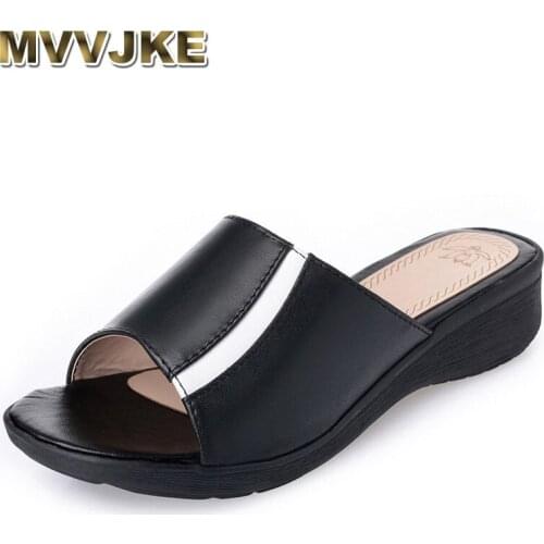 MVVJKE Women Slippers Arrival Fashion Summer Female Cool Genuine Leather Slippers Color Jumpsuit Women Comfortable Wedges Shoes