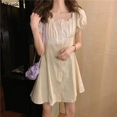 Dresses Women Elegant Students Korean Style Sweet Casual Party Mujer De Moda Fashion Female Ulzzang Square Collar Kpop Preppy