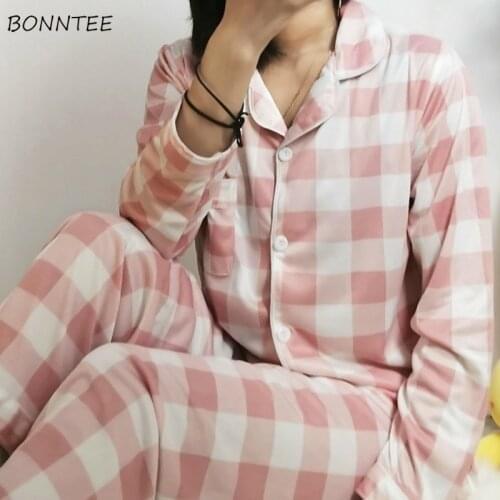 Women Pajama Sets Plaid Long Sleeve Soft Autumn Single Breasted Loose Leisure Home Wear Students Sleepwear Cute Lovely Female