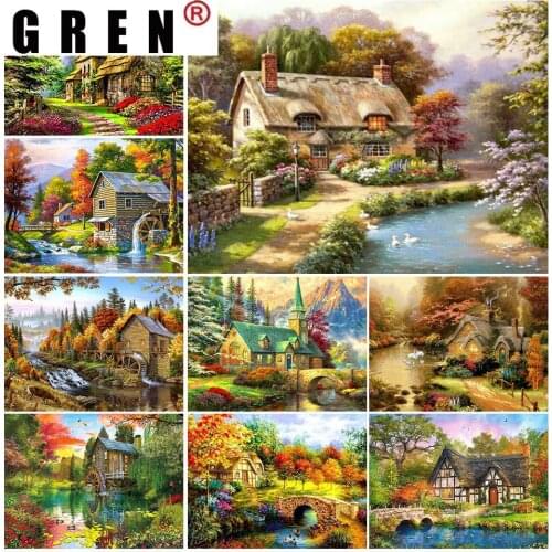 GREN DIY 5D Diamond Painting House Landscape Cross Stitch Kits Full Round Drill Diamond Embroidery Mosaic Picture For Home Decor