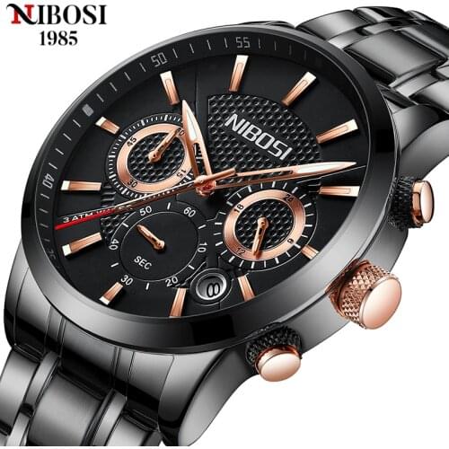 NIBOSI Black Mens Watches Top Brand Luxury Stainless Quartz Watch Men Casual Sport Chronograph Waterproof Wristwatch Montre 2313