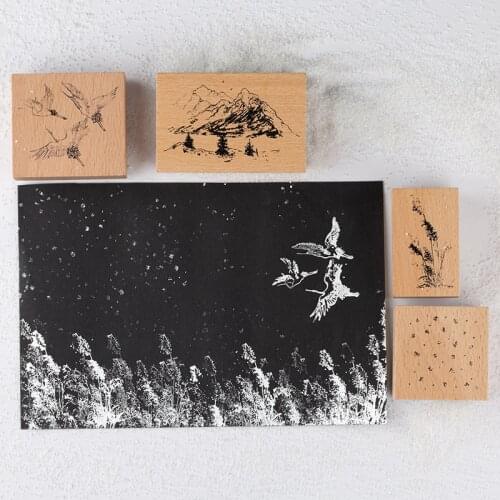 Retro INS Snow Country Wooden Stamp Japanese-style Building Flying Crane Bullet Journaling Accessories Deco Aesthetic Stationery