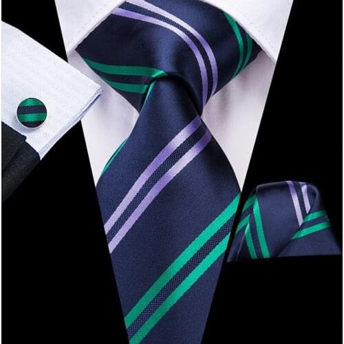 Stripe Ties for Men Silk Blue Necktie Fashion Neck Tie Hand Pocket Cufflink Set Ties for Suit Wedding Hi-Tie C-3208 Wholesale