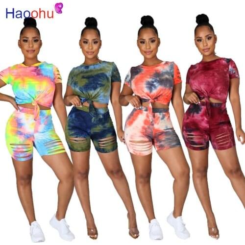HAOOHU Short Sets For Women Summer Clothing Two Piece Set Tie Dye Crop Top Tee + Soft hole Sweatpants Sport Pants Tracksuit