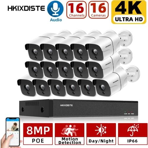 H.265 4K 16CH 8MP AI Detection POE NVR Kit 8MP Security Outdoor Weatherproof Audio Record POE IP Camera Video Surveillance Set