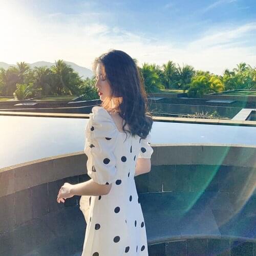 Summer 2021 French Retro Polka Dot Puff Sleeve Long Skirt