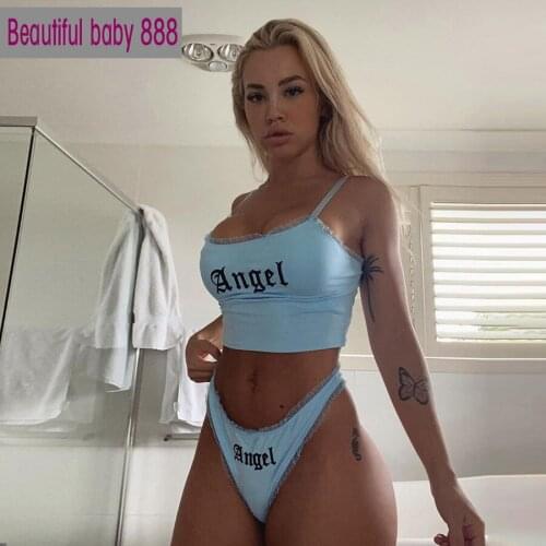 Meqeiss lovely lace edge slim simple spaghetti strap croptop&Underpants two-piece set female leisure Beach vacation outfit woman