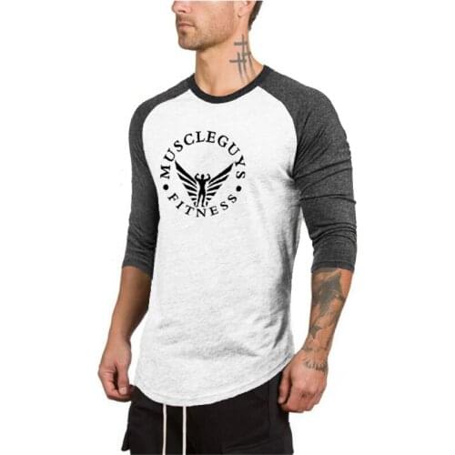 Muscleguys 3/4 Sleeve Plus Size Summer Autumn Casual Slim Elastic Soft Patchwork Men T Shirts Male Fitness Tops Raglan Tee