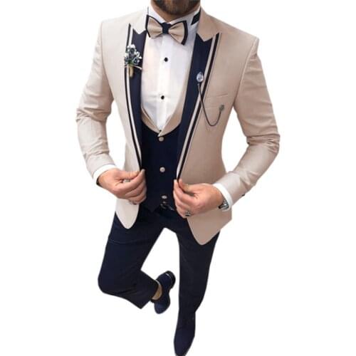 Mens 3 Piece Suits Beige Khaki Lapel Slim Fit Formal For Wedding Groomsmen Tuxedos Clothing Blazer+Vest+Pant (No Tie) 2021