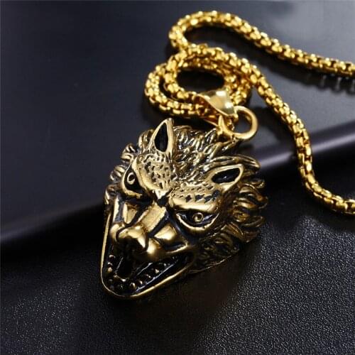 Mens Punk Cool stainless steel Wolf Head Head Personality Viking Thor Pendant Necklace