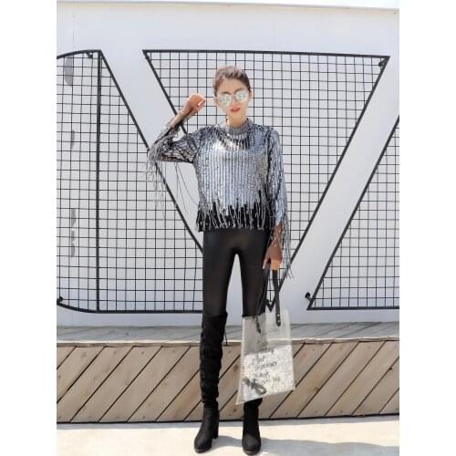 H80&S90 New Women Vintage Sexy O-Neck Long Sleeve Heavy Embroidered Sequin Beaded Mesh Pullover See Through Tops Female Blouse
