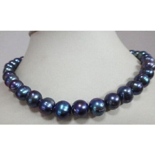 Huge 18"10-11mm natural tahitian baroque black green pearl necklace 925silver