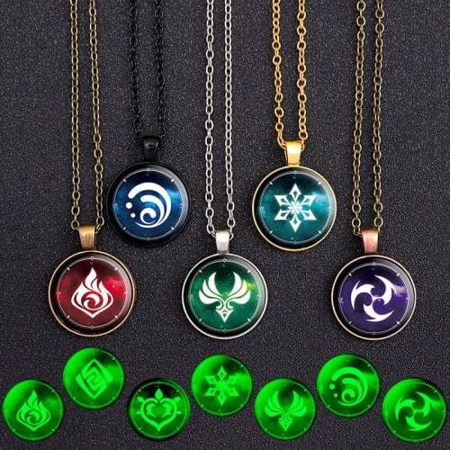 Genshin Impact Glow In The Dark Necklace Eye of God Ice Fire Wind Water Grass Thunder Element Glass Pendant Luminous Necklaces