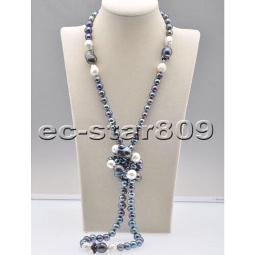 P6753 44" 20mm White Black Round Baroque Keshi Edison Pearl Necklace