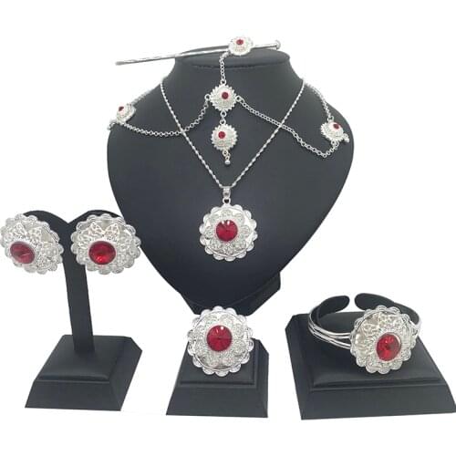 Dubai fashion Eritrean Jewelry Pendant/Necklace/Earrings/Ring/Bangles/Hairchain for Women silvery Color African Wedding Gifts