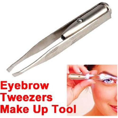 Professional Makeup LED Light Slant Tweezers Stainless Steel Eyebrow Clip With Battery Hair Removal Clamp Makeup Beauty Tool