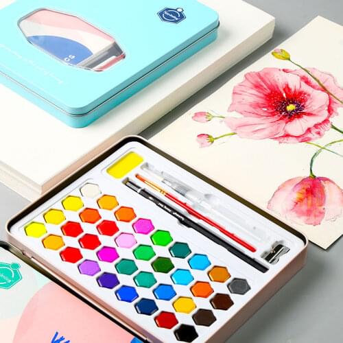 Professional 36 Colors Solid Watercolor Paints Set With Paintbrush Water Color Pigment Set Iron Box Acuarelas Verf Art Supplies