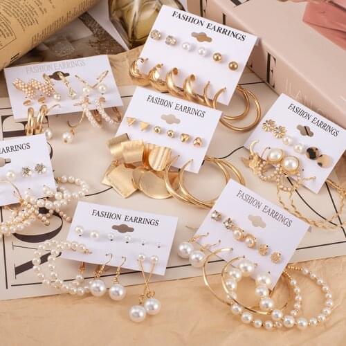 New Bohemian Fashion Tassel Set of Earrings Geometric Pearl Gold Metal Dangle Earrings for Women Punk Female Jewelry 2021 Gift