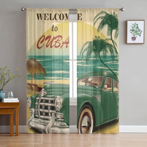 Retro Style Poster Cuba Print Sheer Window Panel Curtains Room for Living Room Bedroom Kitchen Room Chiffon Tulle Curtains
