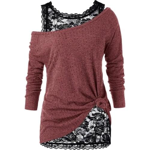 Women Tshirt Long Sleeve One Shoulder Sleeveless Lace Vest Top Two Piece Outfit See Through Women Elegant T-shirt