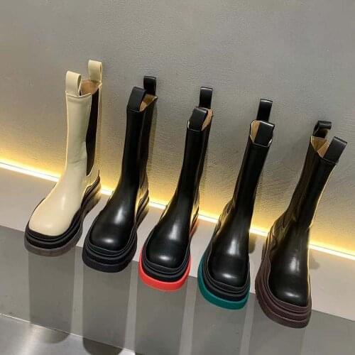 Vallu 2020 autumn and winter new style thick bottom unique line leather fight rubber band daily casual wild fashion high boots