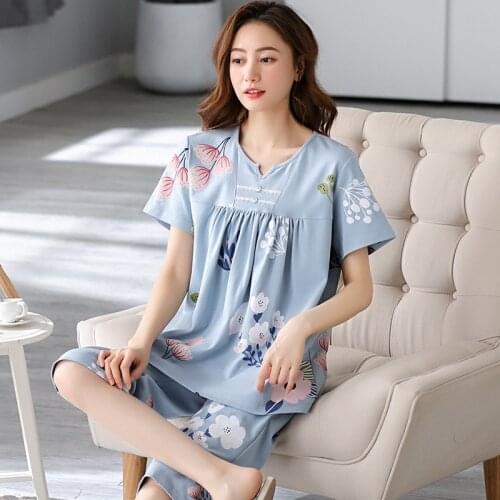 Women Pajamas Sets 2PCS Print Cotton Pyjamas Large Size Soft Home Wear Sleepwear Nightwear Summer Lingerie Sleep Suit