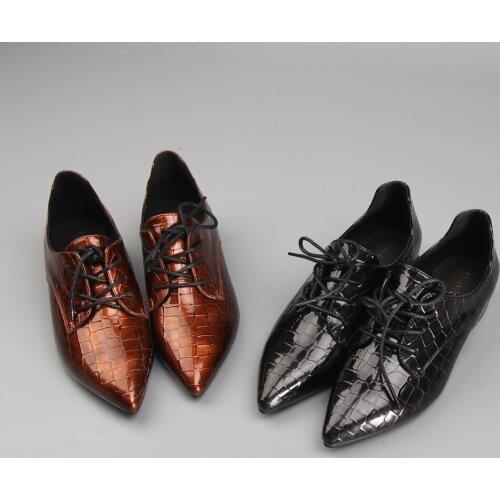 Woman comfortable work flat shoes office lady pointed toe low pumps lace-up serpentine leather footwear