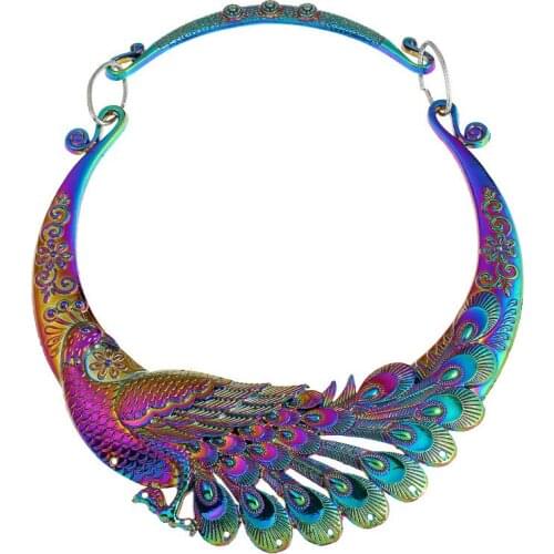 117g Ethnic Rainbow Peacock & Double Dragon Statement Choker Carved Metal Pendant Necklaces for Women Chunky Collar 45cm JK39FI6