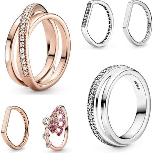 Authentic 925 Sterling Silver Rose Crossover Pave Triple Band Ring For Women Wedding Party Gift Europe Pandora Jewelry