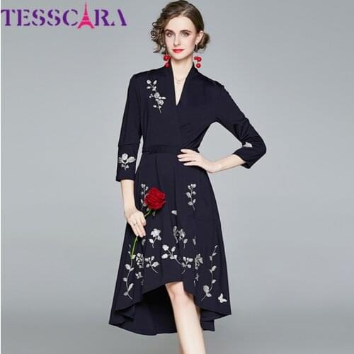TESSCARA Women Autumn Elegant Embroidery Dress Festa High Quality Long Office Party Robe Femme Vintage Floral Designer Vestidos