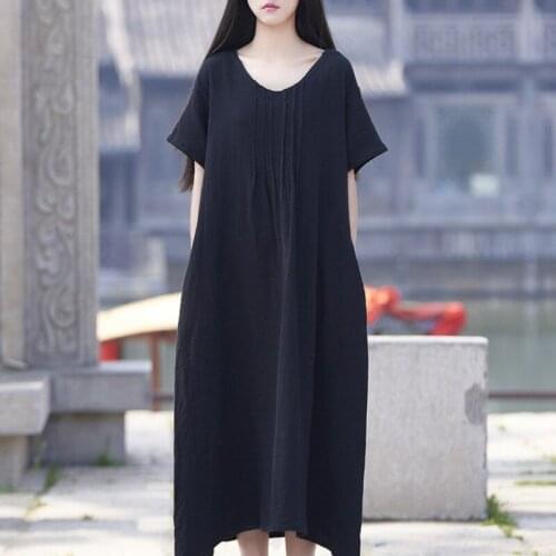 Women Cotton Linen Dresses Vintage Plus Size O-neck short sleeve maxi dress Casual Summer Lady Vestidos large size M-6XL