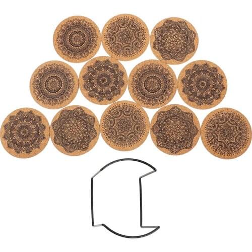 1 Set Creative Nordic Mandala Design Round Shape Wooden Coasters With Rack Nordic Mandala Round Cork Coaster