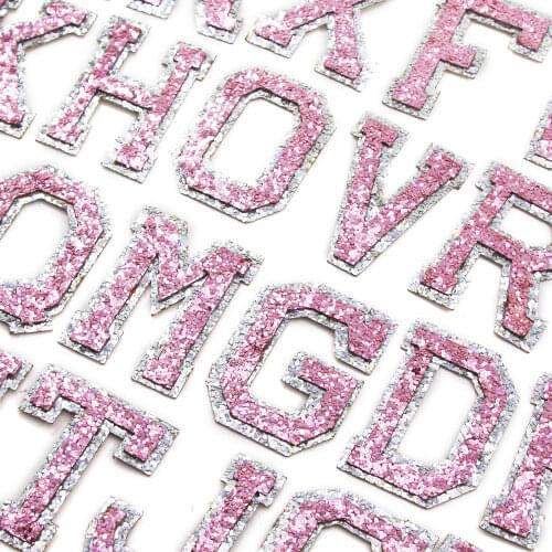 1Pcs Pink Glitter Letter Patches A-Z English Word Iron On Patch For Clothes Sequins Alphabet Patch Appliqued DIY Name 50MM