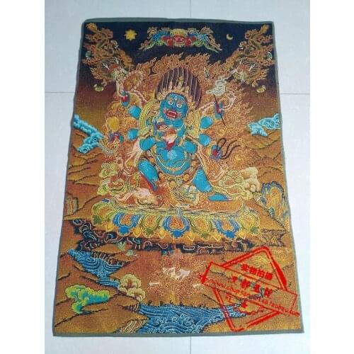 36 inch Tibet Silk embroidery Six arm maharaja king kong Buddha Tangka Thangka Paintings family wall decorated the mural