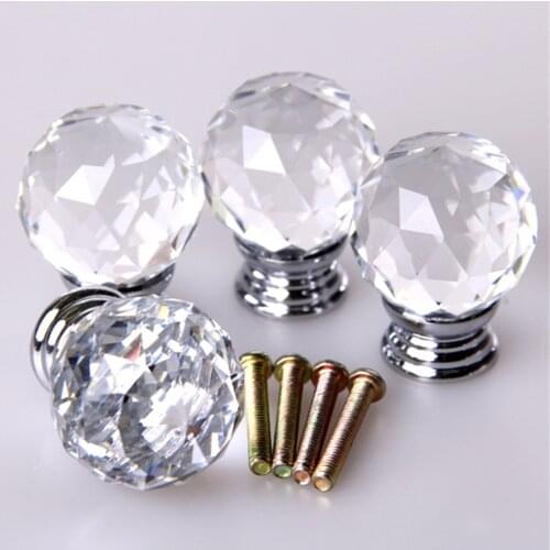 4pcs Crystal Glass Acryl Door Drawer Cabinet Furniture Handles Knobs +screws