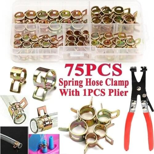 75 PCS Zinc Plated 6-22mm Spring Hose Clamps + 1PC Straight Throat Tube Clamp for Band Clamp Metal Fastener Assortment Kit