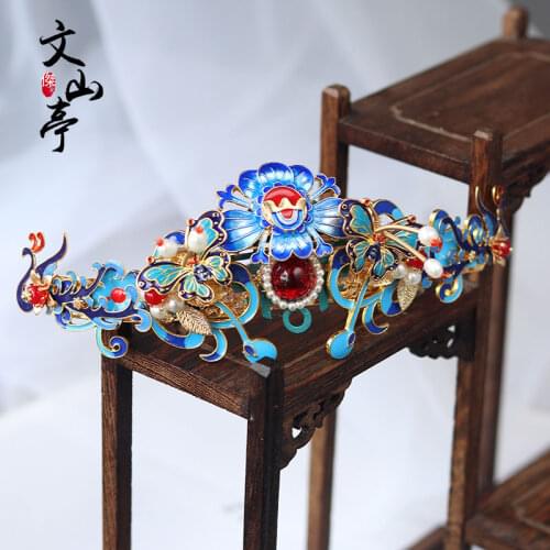 Ancient Hair Accessories Step Shake Hanfu Hair Crown Burn Blue Preal Butterfly Tassel Tuck Comb Hair Ornaments Daily Cosplay