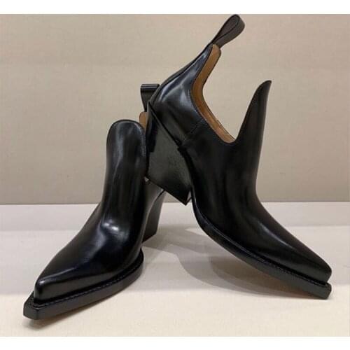 Ankle Boots For Women High Heels Pointed Toe Boots Women Wedges Shoes PU Leather Slip-On Cowboy Shoes Black botas de mujer