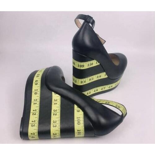 Black Leather Yellow Ruler Numbers Patchwork Wedge Pumps Woman Round Closed Toe Platform Buckle Strap Shallow Pumps Heels Shoes