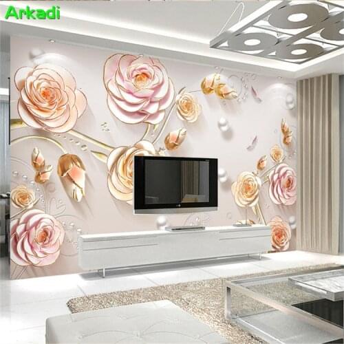 European 3D jewelry embossed stereo simple fashion flower pink rose mural living room TV background wall decoration mural
