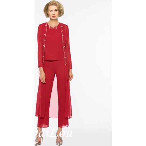 Sheath/Column Long Sleeves Floor-Length Round Neck Beading 3 Pieces Mother of the Bride Pantsuits 2021