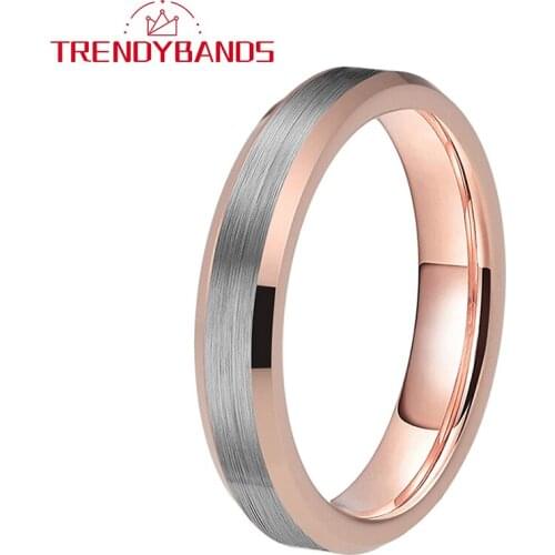 4MM Mens Womens Rose Gold Tungsten Carbide Rings Wedding Band Beveled Edges Brushed Finish Comfort Fit