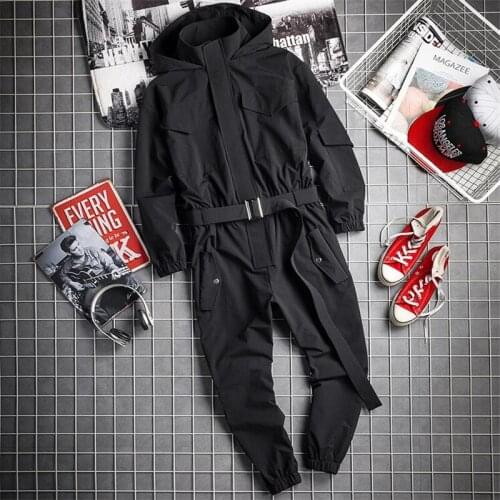 2020 New Mens Hip Hop Cargo Jumpsuit Fashion Black Sashes Joggers Overalls Multi Pockets Work Rompers Streetwear Korean Clothes
