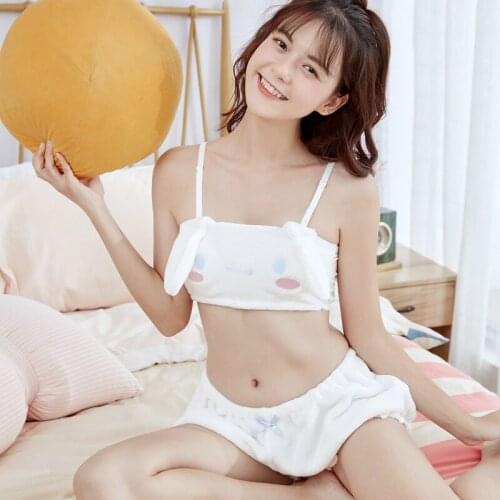 Winter Lolita Sweet Kawaii Lingerie Cute Plush Bra and Panty Set Underwear Plus Size Women Wire Free Bra Panties Set Sleep Wear
