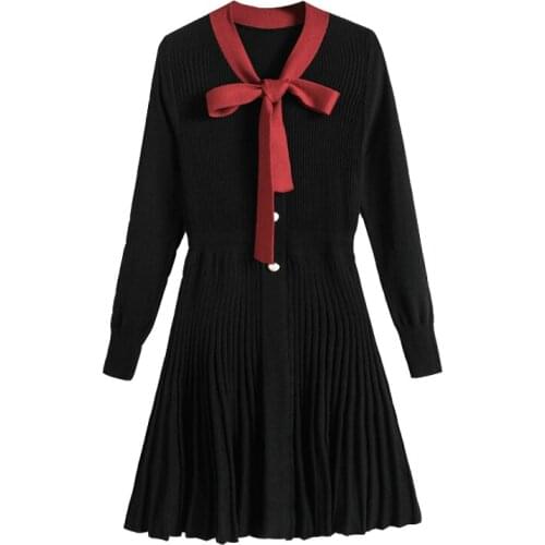 PERHAPS U Black Wine Red Bow Collar Lace Up Button Pearl Long Sleeve Knitted Fit And Flare Short Mini Dress Autumn D1392